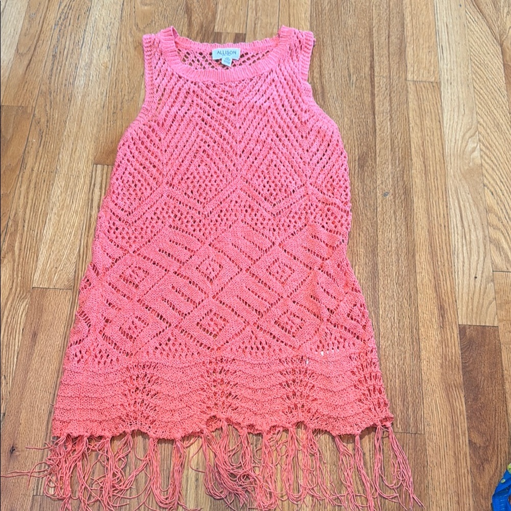 Allison New York Pink Crochet Sleeveless Dress with Fringe Size Small